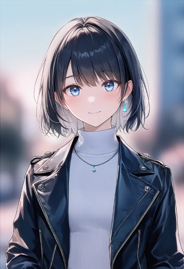 レザージャケット＋タートルネックの組み合わせのAIイラスト｜プロンプト紹介