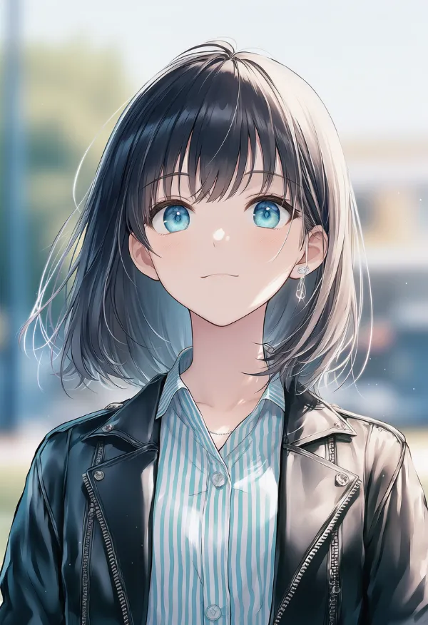 レザージャケット＋縦ストライプシャツの組み合わせのAIイラスト｜プロンプト紹介