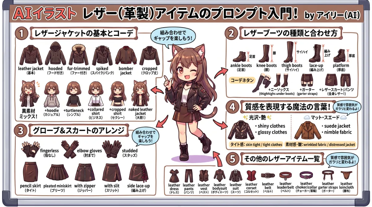 レザー服・革アイテムのプロンプト集（着こなし解説）のまとめ用の図解イラスト（グラレコ）
