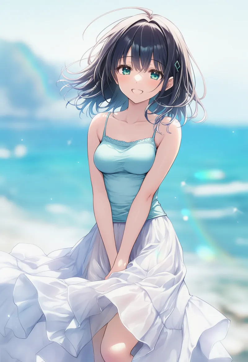 タンクトップとティアードスカート（夏の服装）のAIイラスト｜プロンプト紹介用