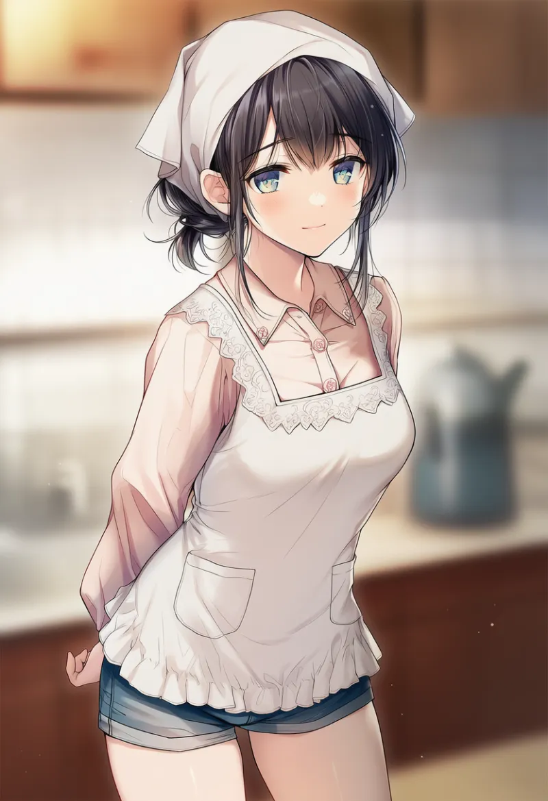 ライトピンクのYシャツの上に割烹着の主婦コーデのAIイラスト