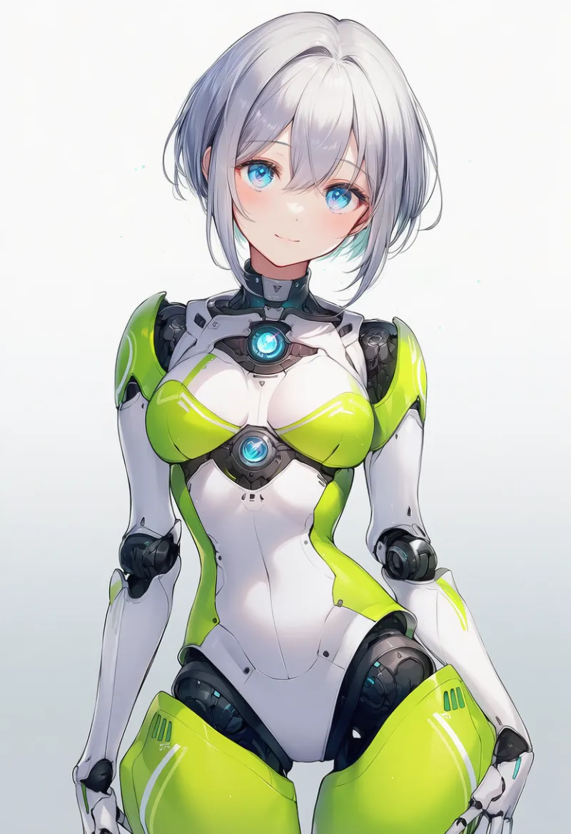ライムグリーン × ホワイト（ロボットコスチューム）の2色配色の服のAIイラスト｜プロンプト紹介用