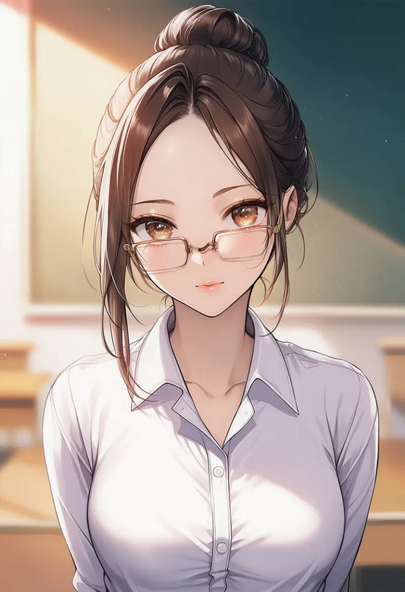 メガネ越しに見つめる女教師のAIイラスト｜プロンプト紹介