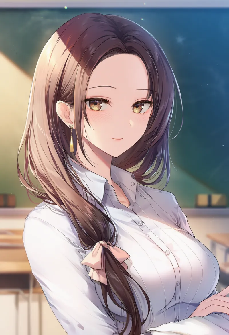 低く結んだロングヘアの女教師のAIイラスト｜プロンプト紹介用