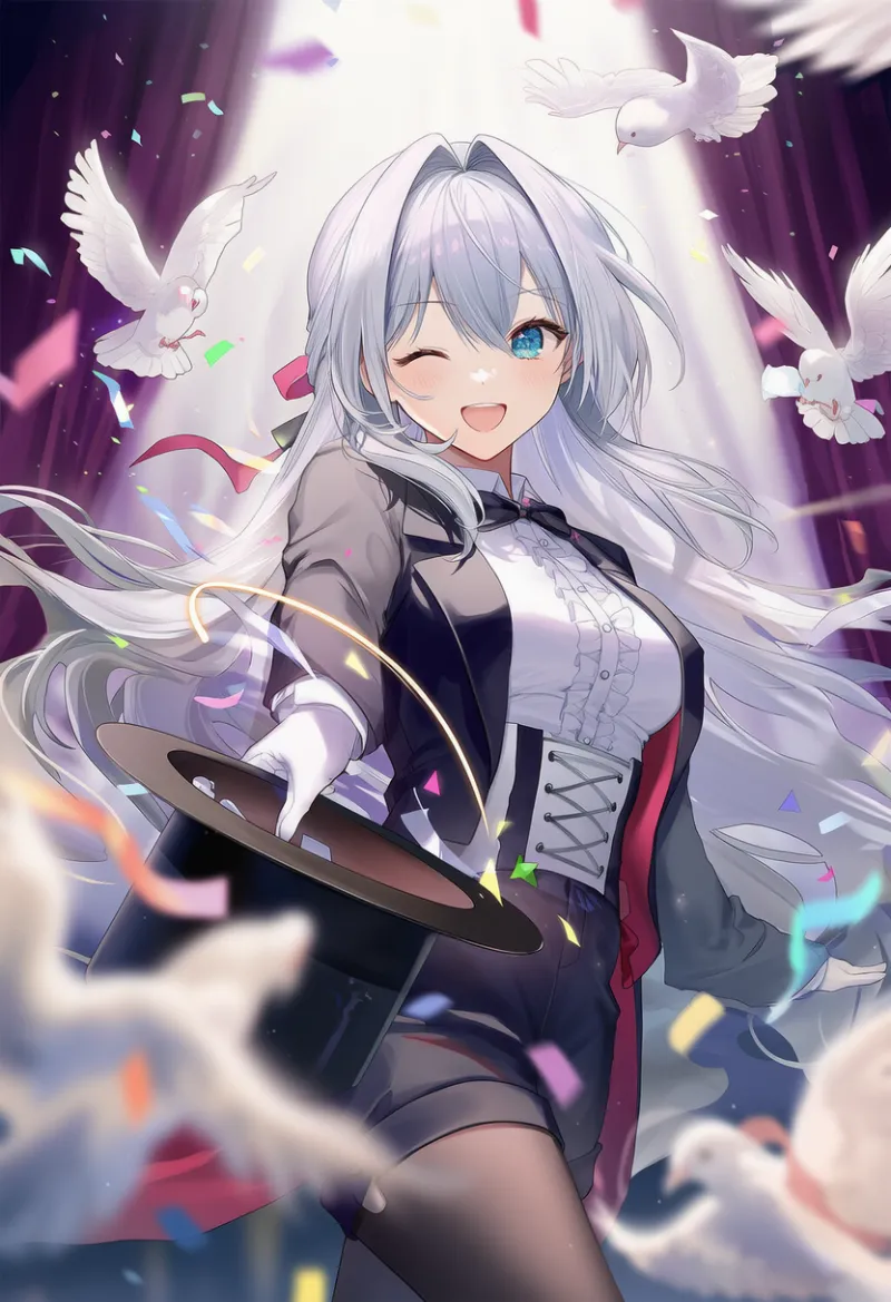帽子から鳩を出すマジックのAIイラスト作例｜プロンプト紹介