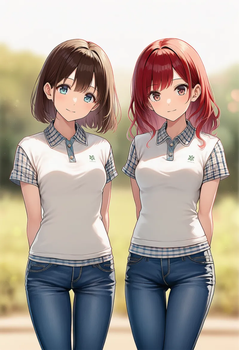 お揃いのポロシャツとジーンズのAIイラスト