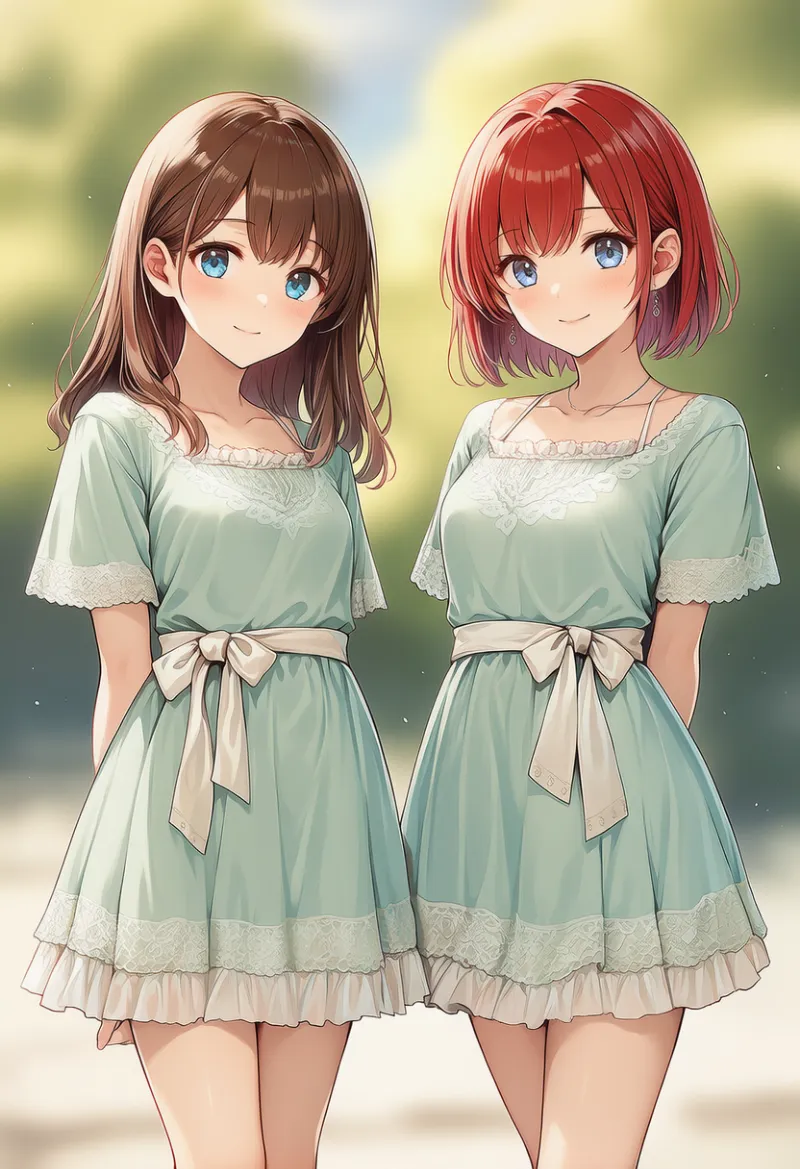 お揃いのミントグリーンのワンピースを着た美少女2人のAIイラスト作例