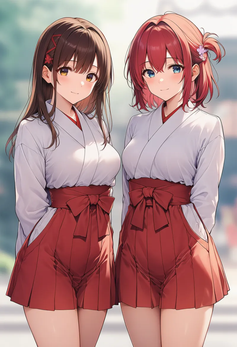 お揃いの巫女衣装のAIイラスト