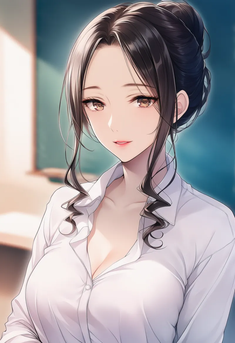 胸の谷間が僅かに見える女教師のAIイラスト｜プロンプト紹介用