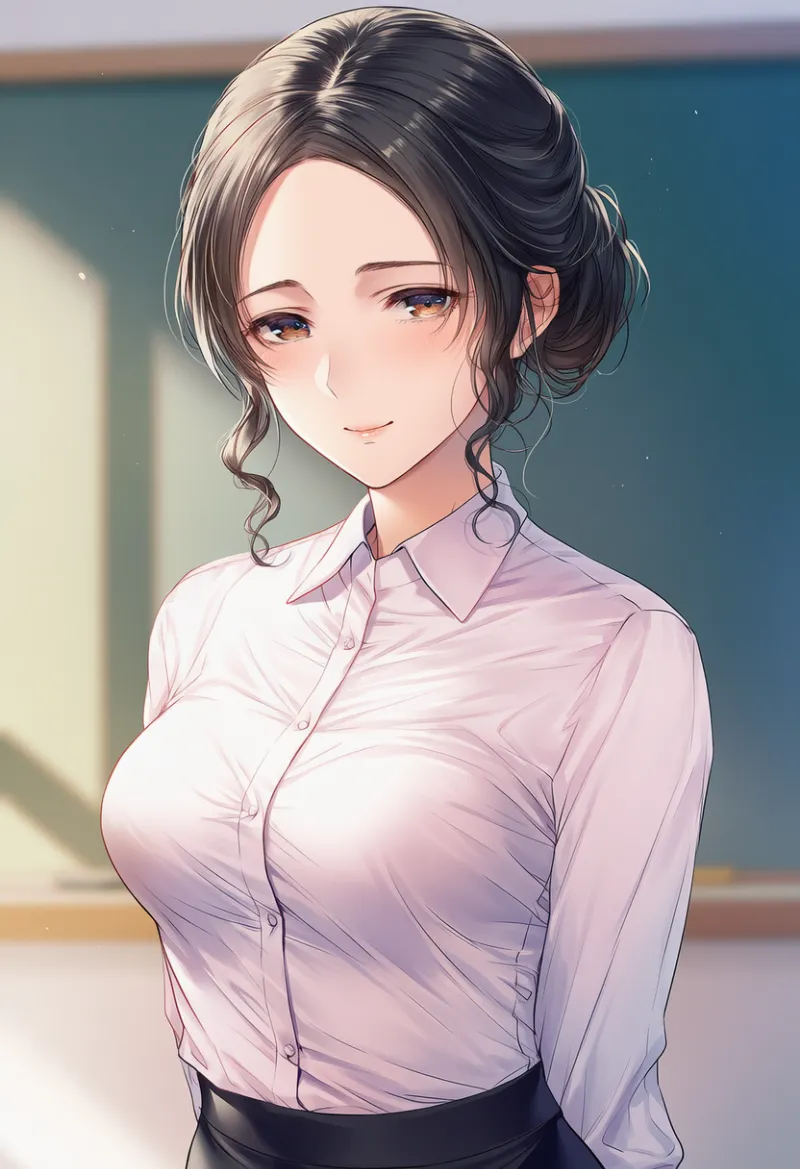 シャツの胸囲にテンションがかかっている状態の女教師のAIイラスト｜プロンプト紹介用