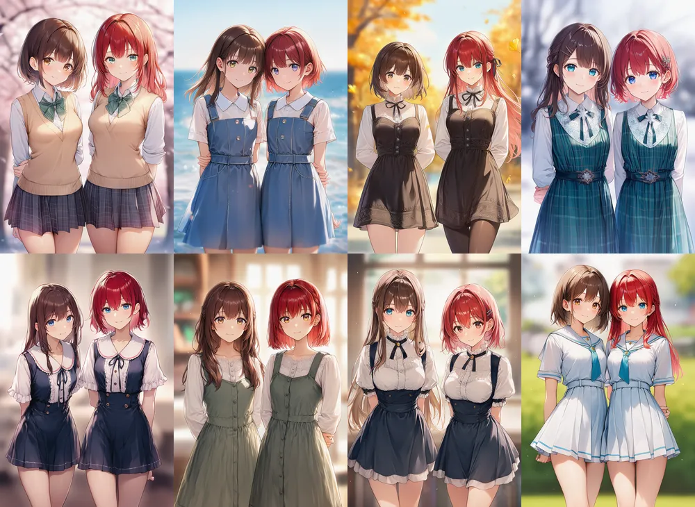 2人の服装を同じ(お揃い)状態にしたAIイラストの作例|プロンプト紹介:matching outfits