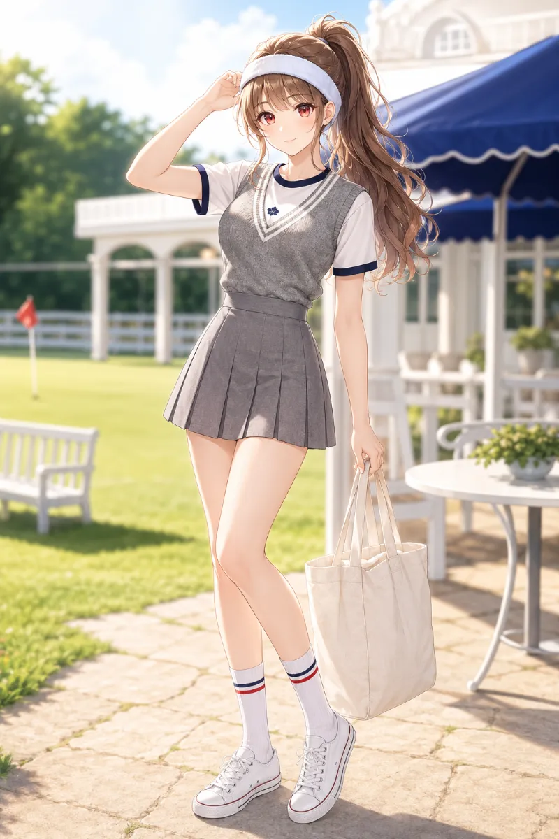 AIイラスト版|ヘザーグレーのプリーツスカパンに白のリンガーTシャツとチルデンニットベストを合わせたスポーティーコーデ