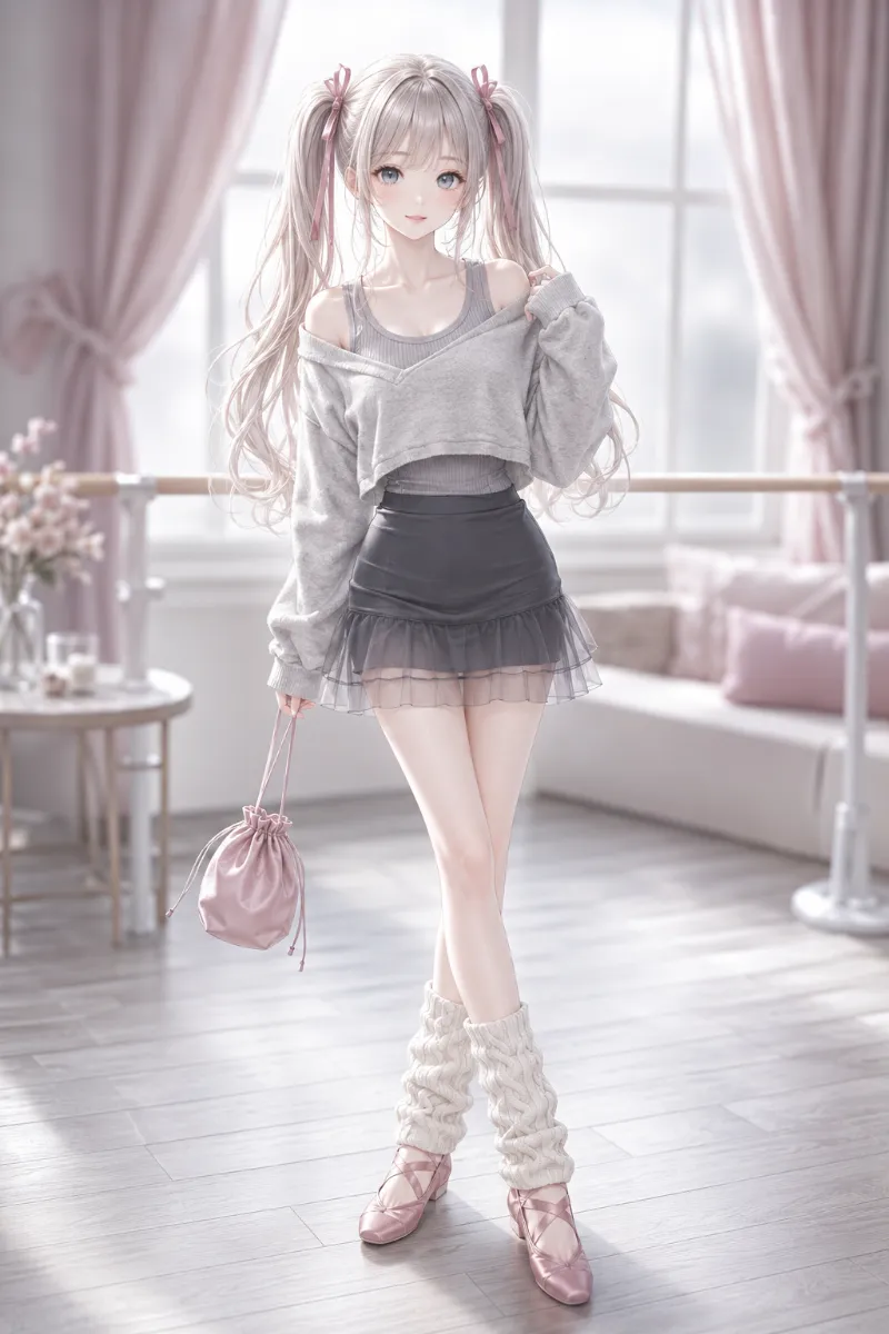 AIイラスト版|チャコールグレーのチュールレイヤードミニにグレーのリブトップスとクロップドスウェットを合わせた淡色コーデ