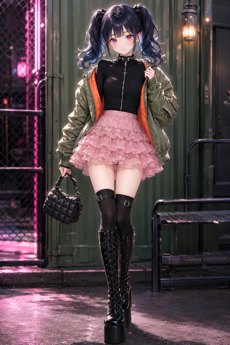 AIイラスト版|ベイビーピンクのラッフルティアードミニに黒のハイネックトップスとセージグリーンのMA-1を合わせた厚底ブーツコーデ