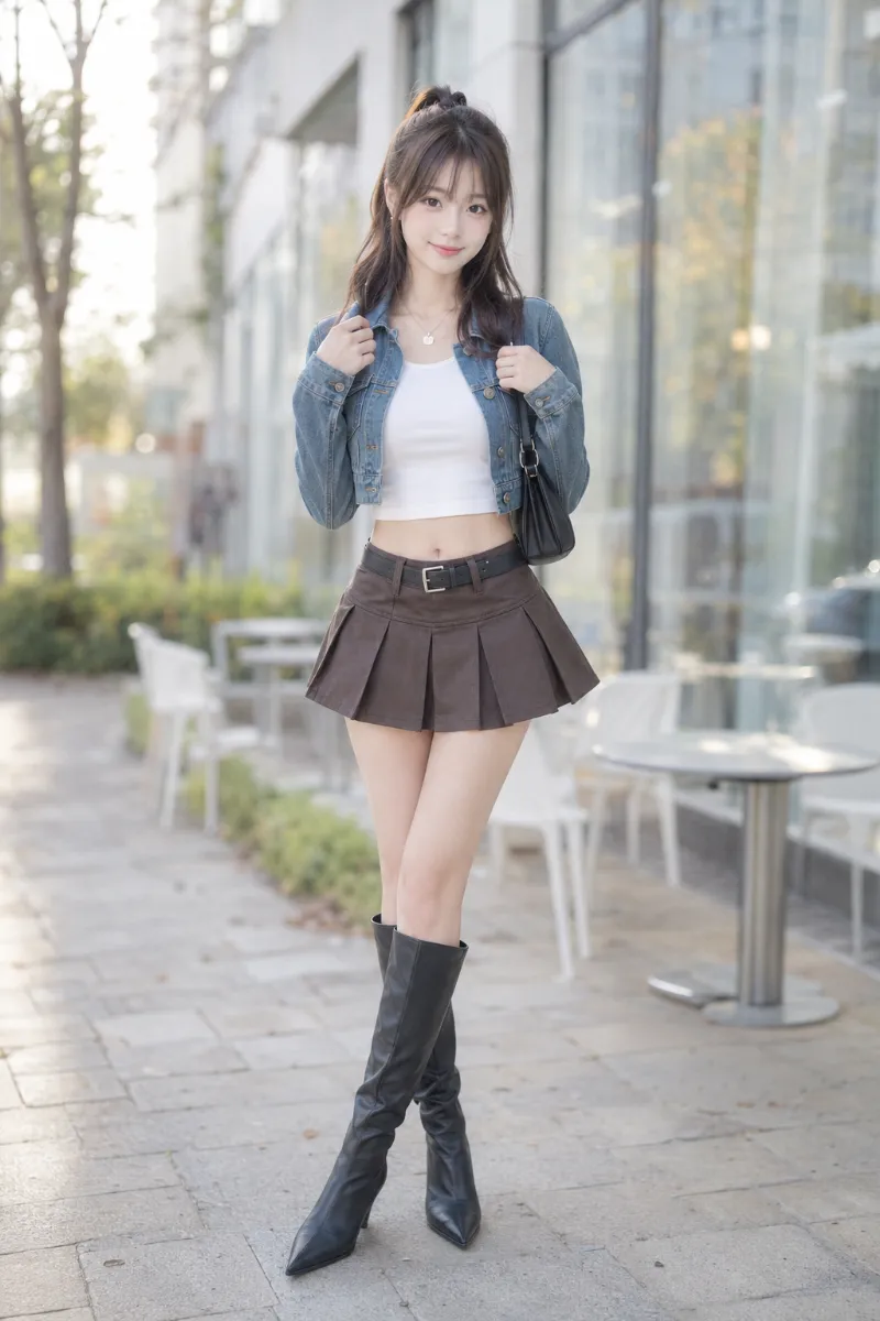 実写AI美女版|チャコールブラウンのベルト付きローライズミニに白のクロップドTシャツとデニムジャケットを合わせたY2Kコーデ
