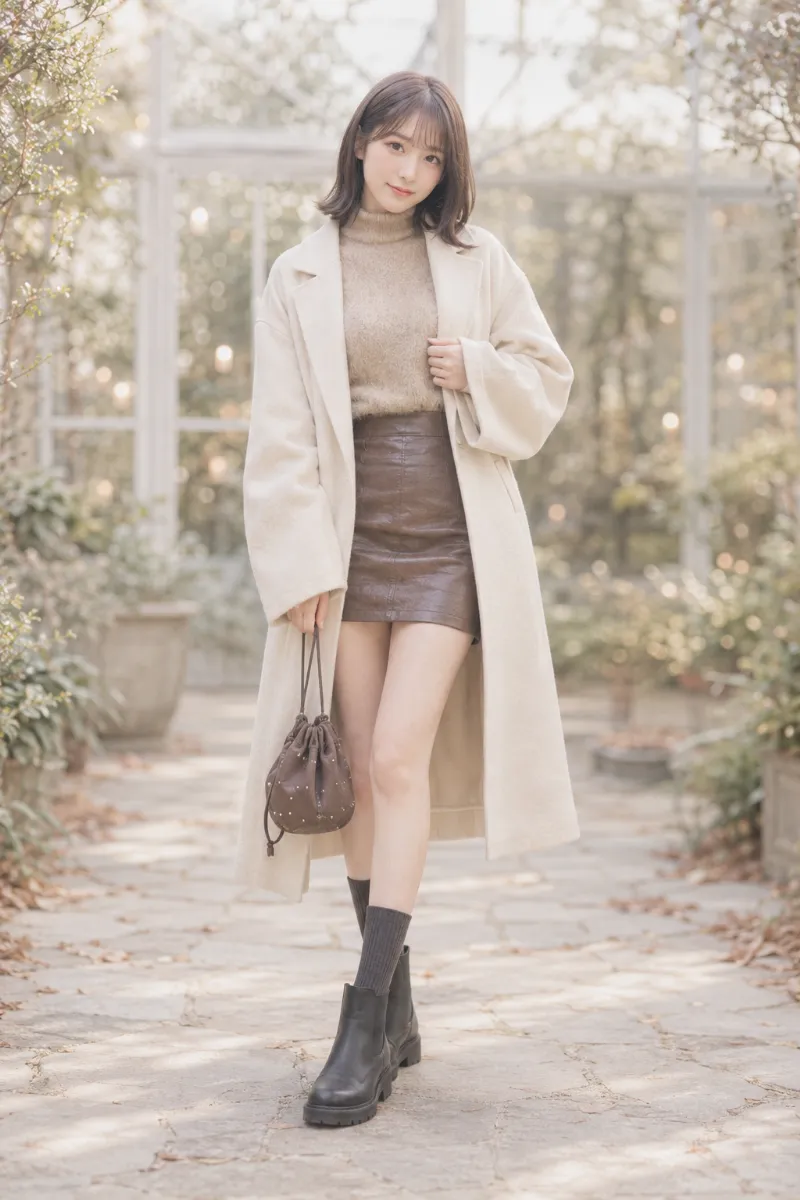 実写AI美女版|ヴィンテージブラウンのレザーミニにカフェオレベージュのハイネックモヘアニットを合わせた秋冬コーデ