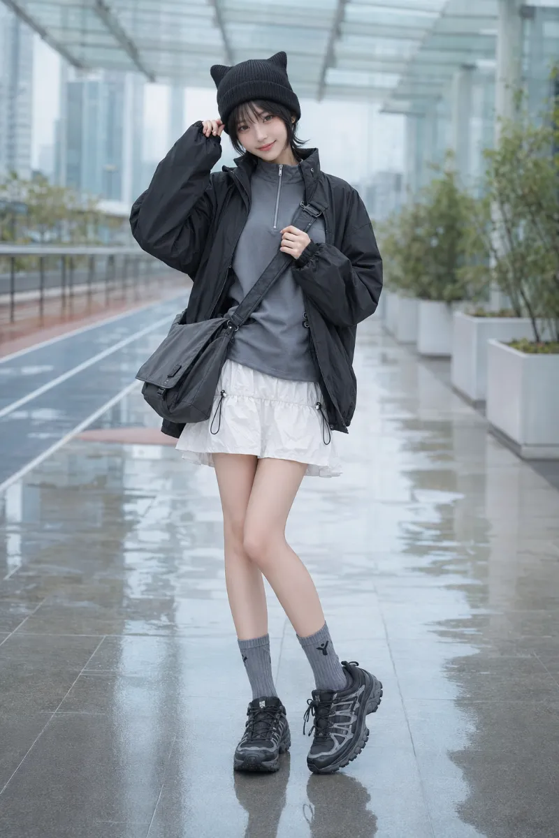 実写AI美女版|白のナイロンティアードミニにスレートグレーのハーフジップスウェットを合わせたテックカジュアルコーデ