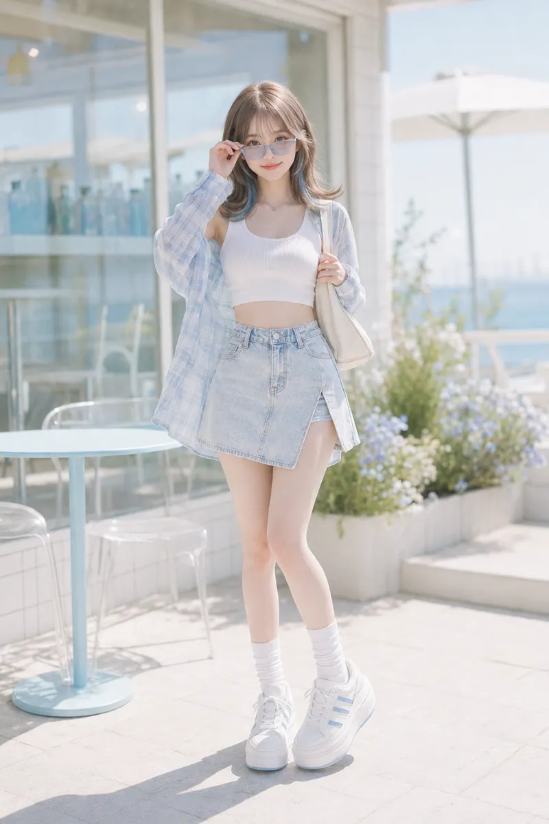 実写AI美女版|ライトブルーのスリット入りデニムスカパンに白のクロップドリブタンクトップを合わせたカジュアルコーデ