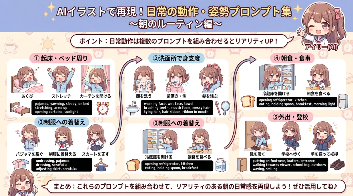 朝の日常の動作に関するプロンプト集【NovelAI】のまとめ用の図解イラスト（グラレコ）