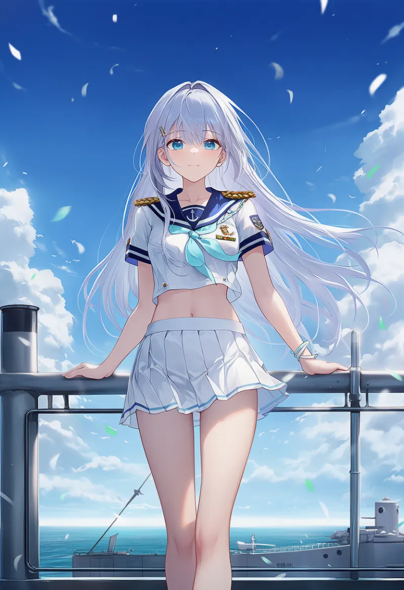 NovelAI生成｜明るいブルーを使ったアレンジスタイルのAIイラスト（水兵の服）｜プロンプト紹介