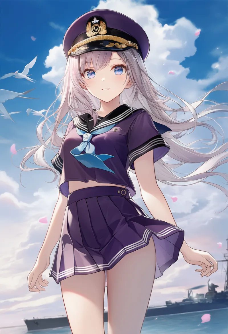 NovelAI生成｜ダークパープル×シルバーの高貴スタイルのAIイラスト（水兵の服）｜プロンプト紹介