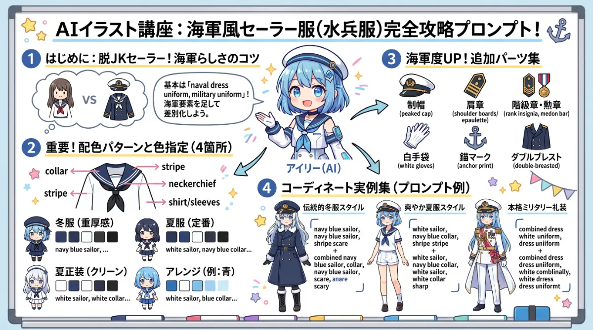 水兵の服（海軍風セーラー服）のプロンプト集【AIイラスト】のまとめ用の図解イラスト（グラレコ）
