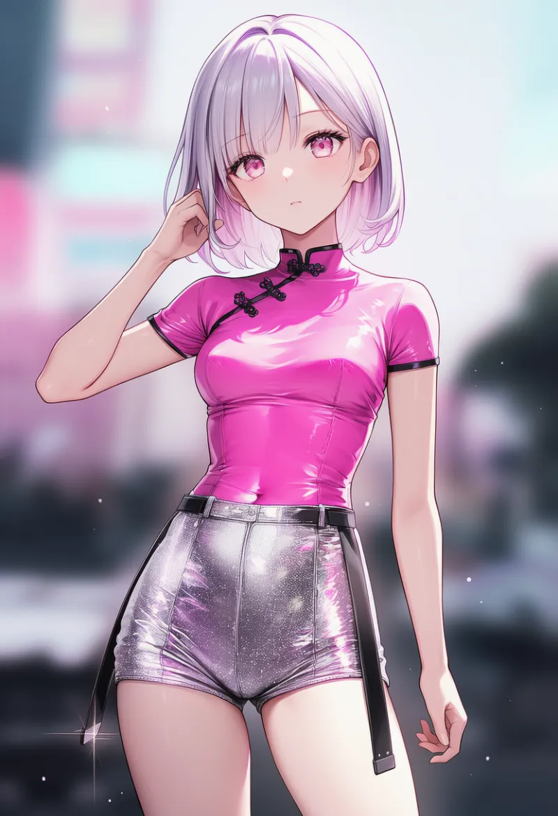 ネオンピンク×シルバー×ブラックのサイバー・エレクトロ系のAIイラスト（ピンクベースの服コーデ）｜プロンプト紹介