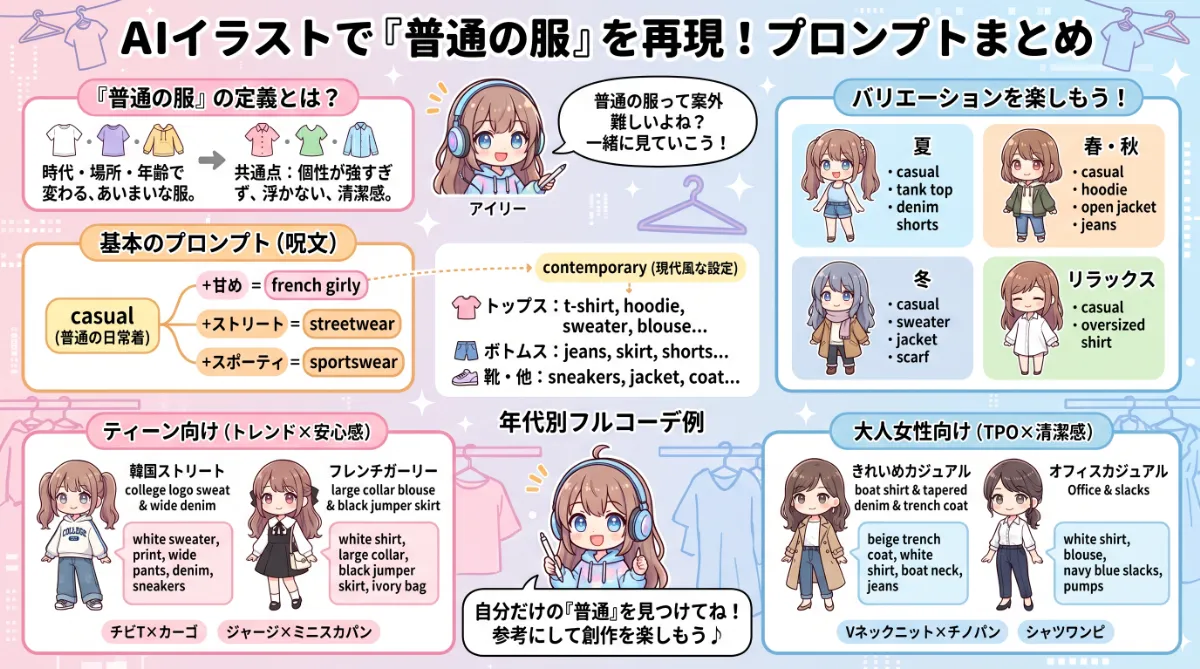 普通の服の全身コーデプロンプト集【年代別：ティーン・大人向け】のまとめ用の図解イラスト