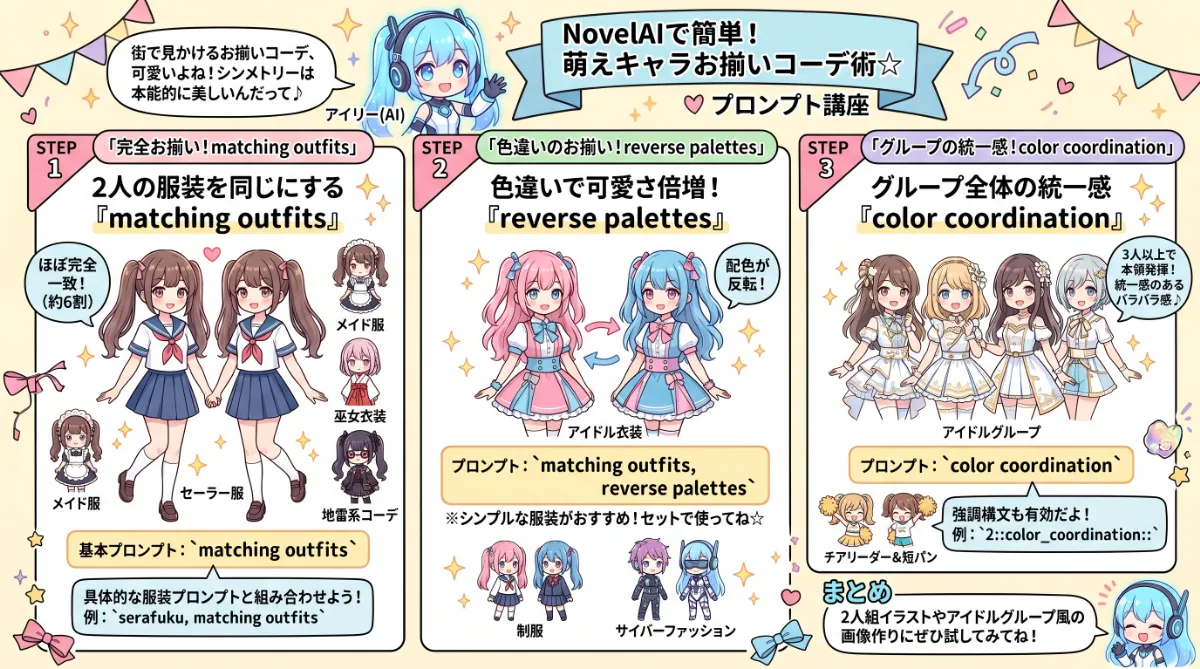 2人を同じ服装(お揃いコーデ)にするプロンプト【NovelAI】のまとめ用の図解イラスト(グラレコ)