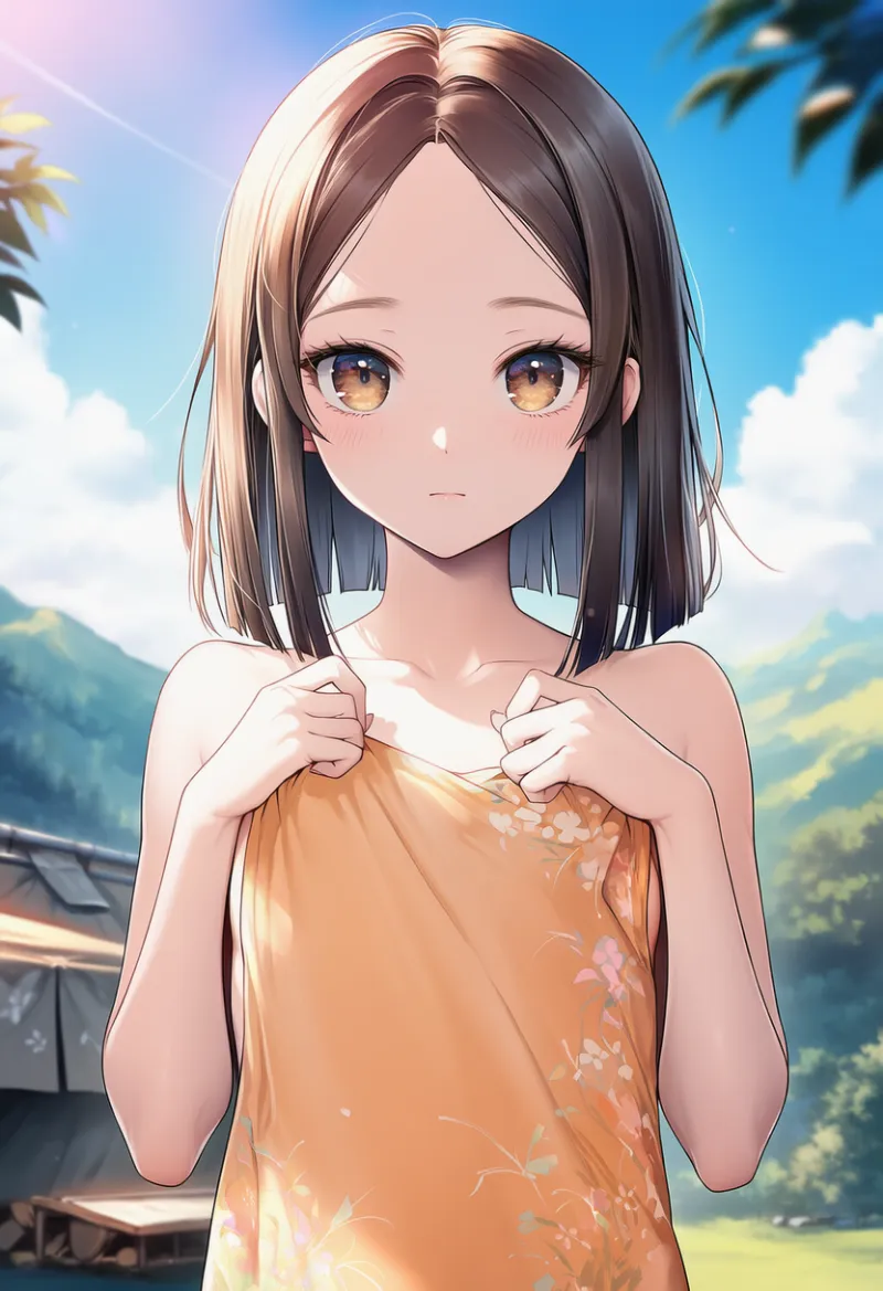 大きなタオルで体を覆う仕草のAIイラスト｜プロンプト紹介用