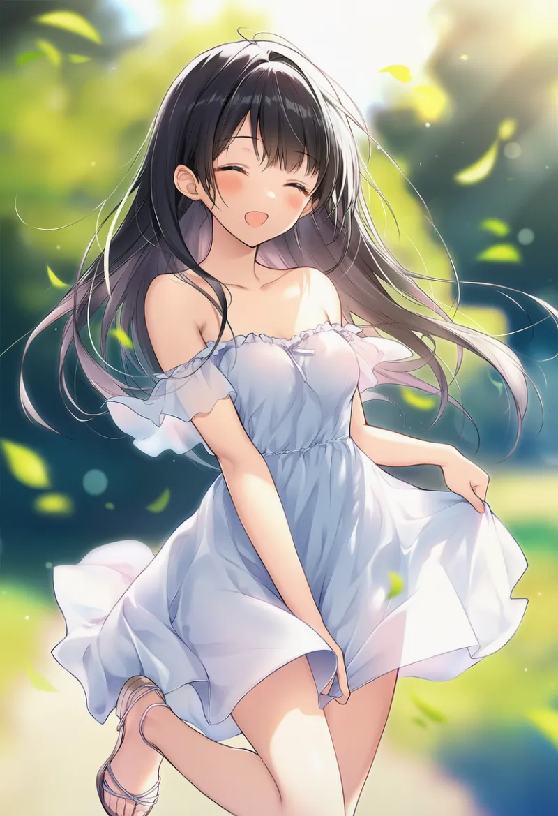 オフショルダーの涼しげな夏コーデ（サンドレスのフェミニン寄り）のAIイラスト｜プロンプト紹介用