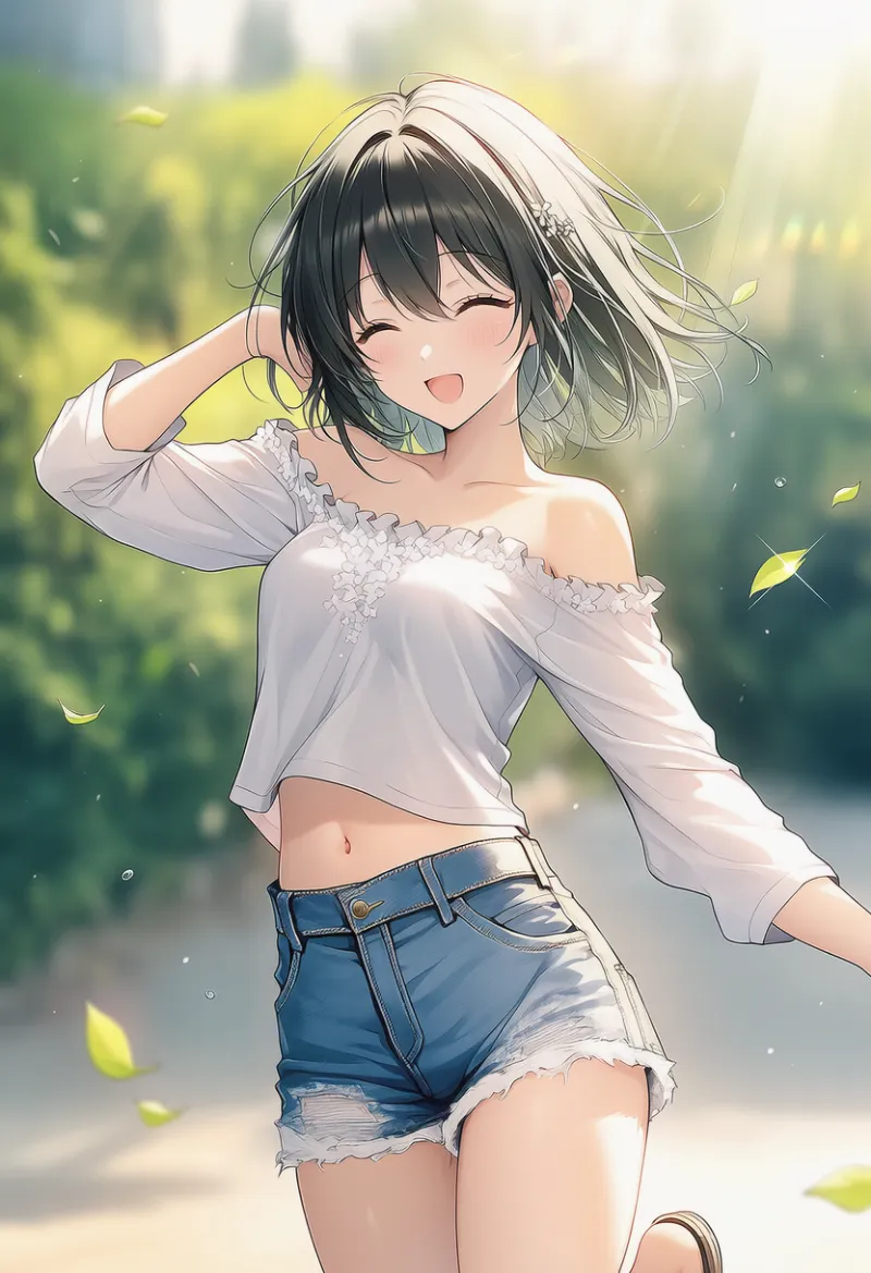オフショルダーの涼しげな夏コーデ（ショーパンスタイルのカジュアル寄り）のAIイラスト｜プロンプト紹介用