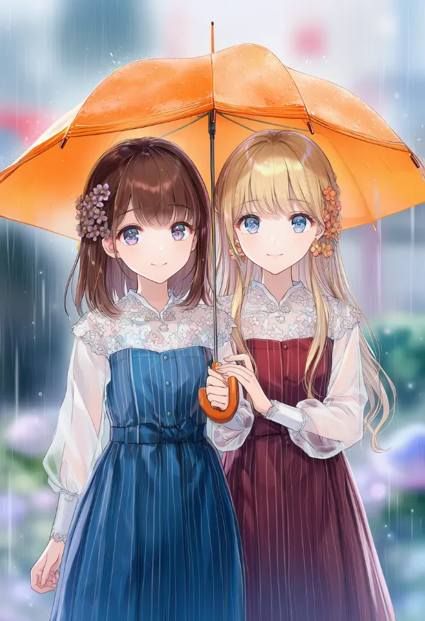 オレンジ色の傘のAIイラスト（梅雨シーズン）｜プロンプト紹介用