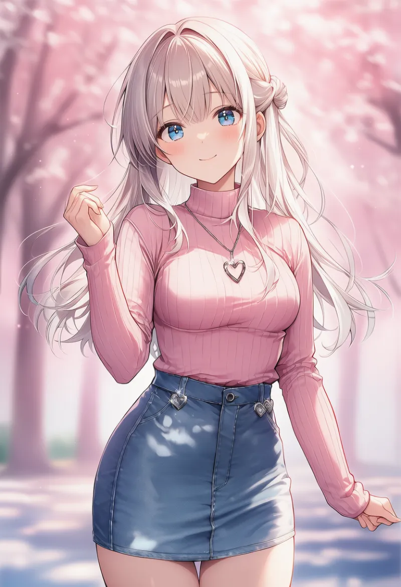 ピンク×ブルー×シルバーのフレンチカジュアル系のAIイラスト（ピンクベースの服コーデ）｜プロンプト紹介