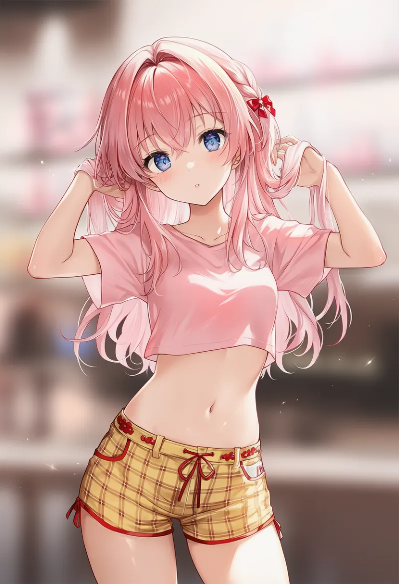 ピンク×イエロー×レッドのレトロポップ系のAIイラスト（ピンクベースの服コーデ）｜プロンプト紹介