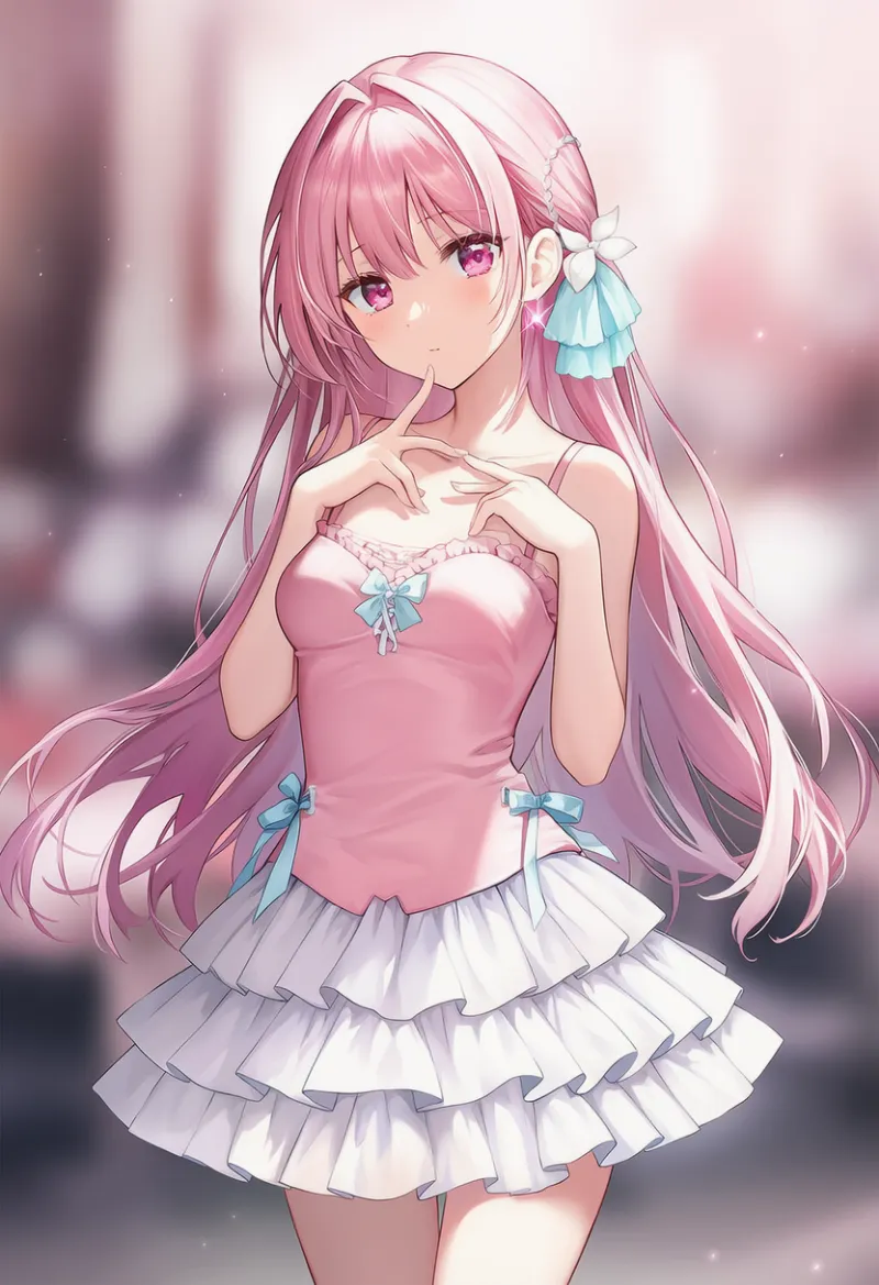 ピンク×ホワイト×ライトブルーのバレエコア系のAIイラスト（ピンクベースの服コーデ）｜プロンプト紹介