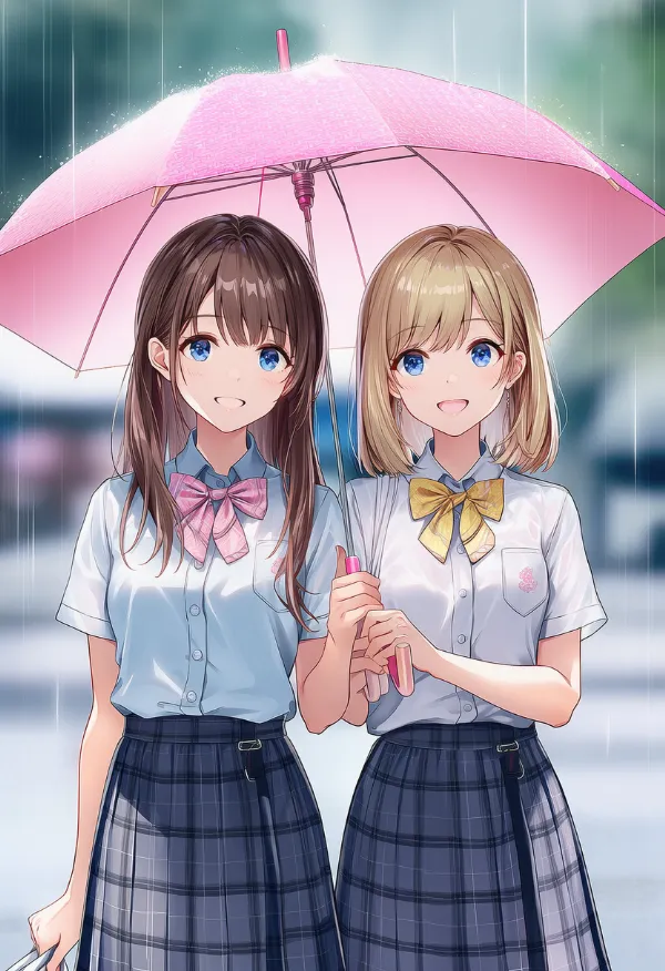 ピンクの傘のAIイラスト（梅雨シーズン）｜プロンプト紹介用
