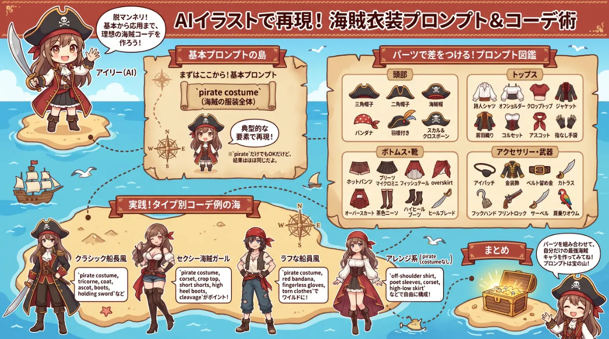海賊の衣装のプロンプト集【AIイラスト】のまとめ用の図解イラスト（グラレコ）