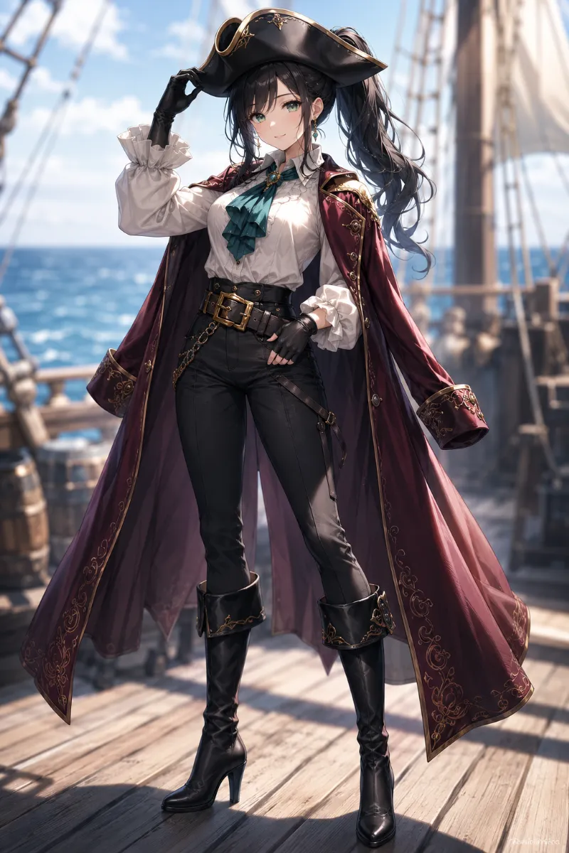 GPT Image 2.0生成｜女性船長風コーデ（二角帽子）のAIイラスト作例