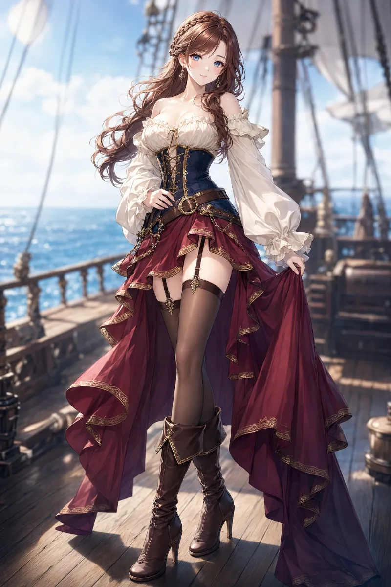 GPT Image 2.0生成｜オフショルダーのガーリー海賊コーデのAIイラスト作例
