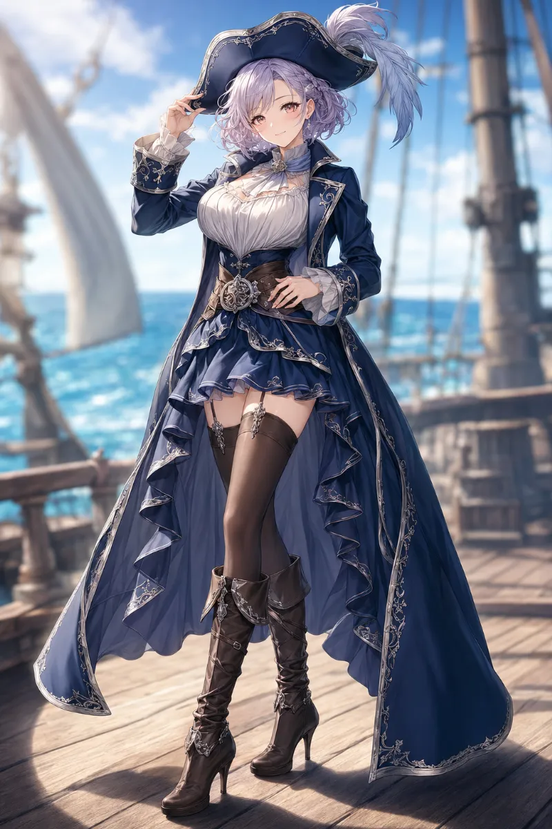 GPT Image 2.0生成｜コートとオーバースカートの海賊コーデのAIイラスト作例