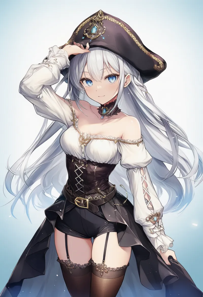 NovelAI生成｜オフショルダーのガーリー海賊コーデのAIイラスト作例