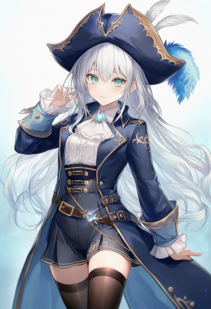 NovelAI生成｜コートとオーバースカートの海賊コーデのAIイラスト作例