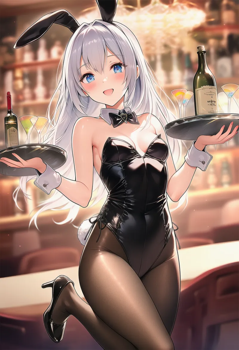バニーガール衣装のキャラクターがバーで給仕しているAIイラスト｜プロンプト紹介用