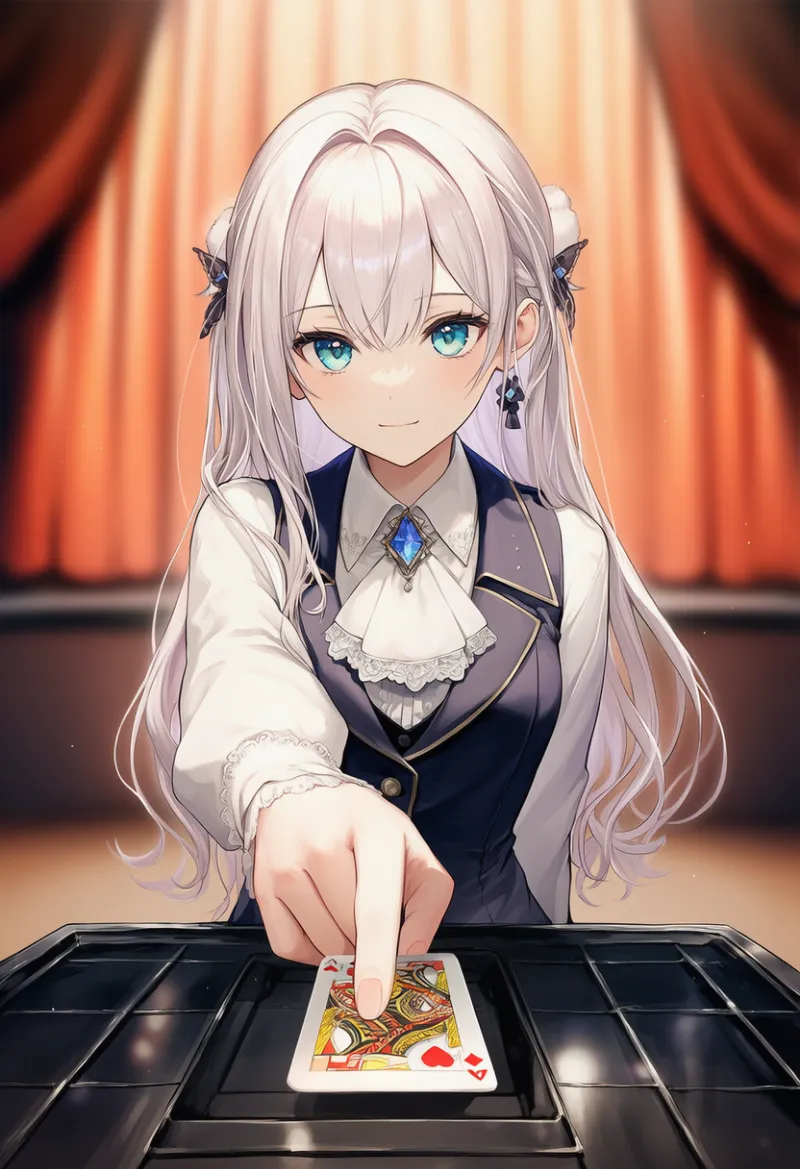 カードマジック（テーブルマジック）のAIイラスト作例-2（トランプをviewerに見せる）｜プロンプト紹介