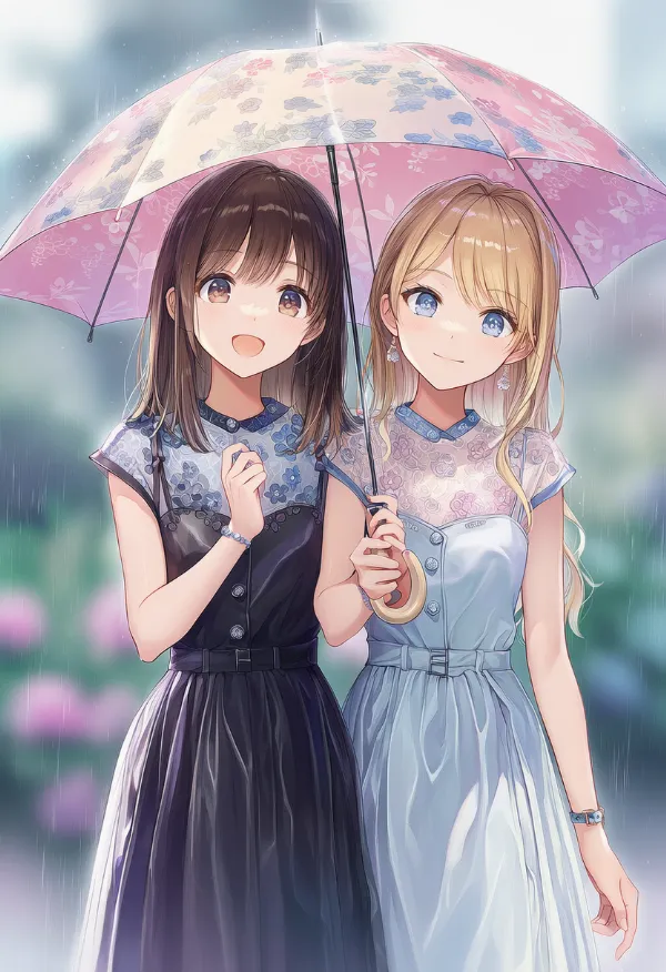 プリント柄の傘のAIイラスト（梅雨シーズン）
