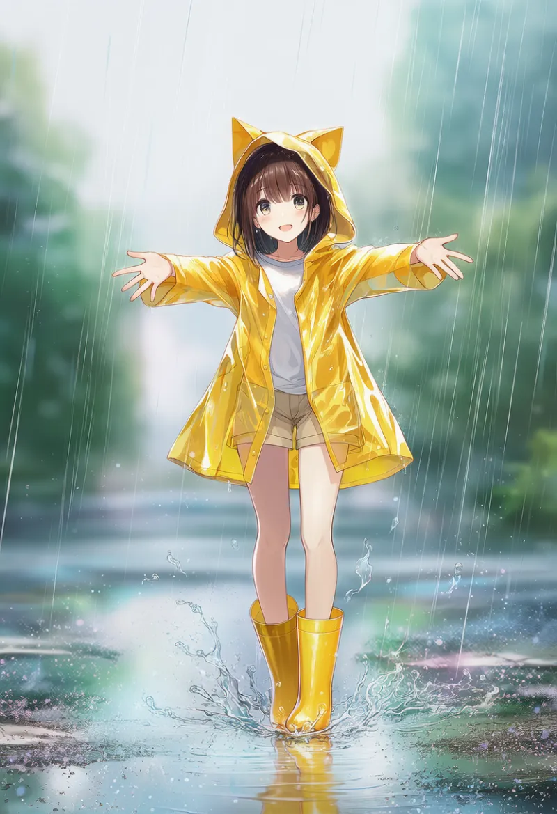 水たまりを跳ねさせる仕草のAIイラスト（梅雨シーズン）｜プロンプト紹介用