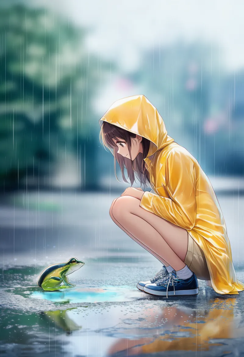 水たまりのAIイラスト（梅雨シーズン）｜プロンプト紹介用