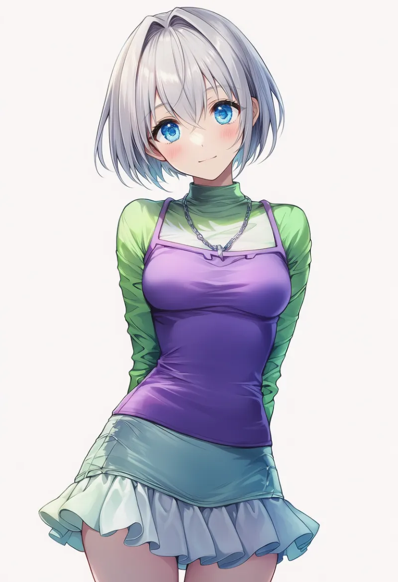 パープル × グリーン（Y2Kファッション）の2色配色の服のAIイラスト｜プロンプト紹介用
