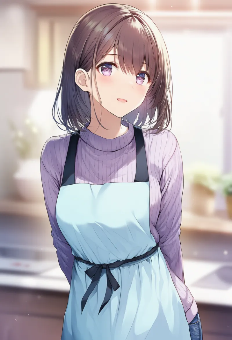 紫のセーター＋ジーンズ＋水色の黒ストラップ付きエプロンの主婦コーデのAIイラスト